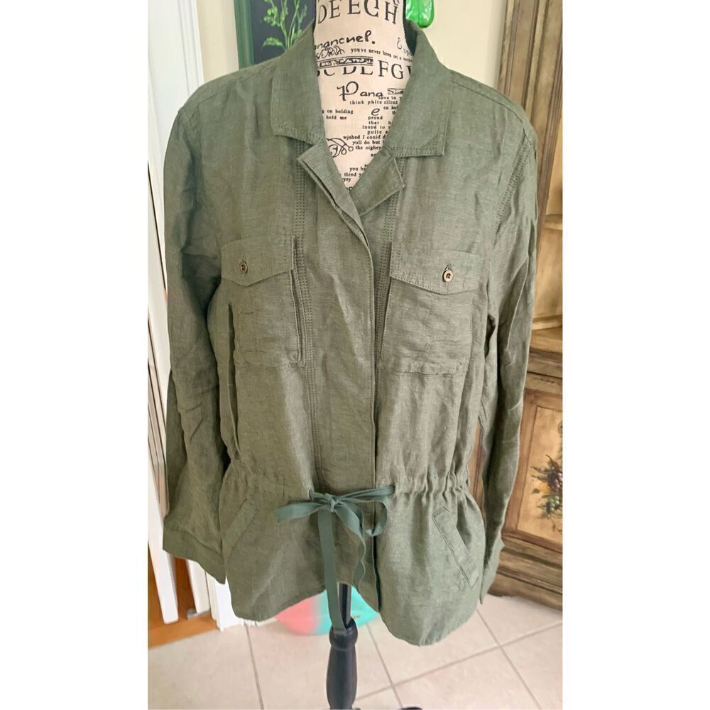 Eddie Bauer Jacket Womens XL Olive Green Linen Cotton Field Military Lightweight